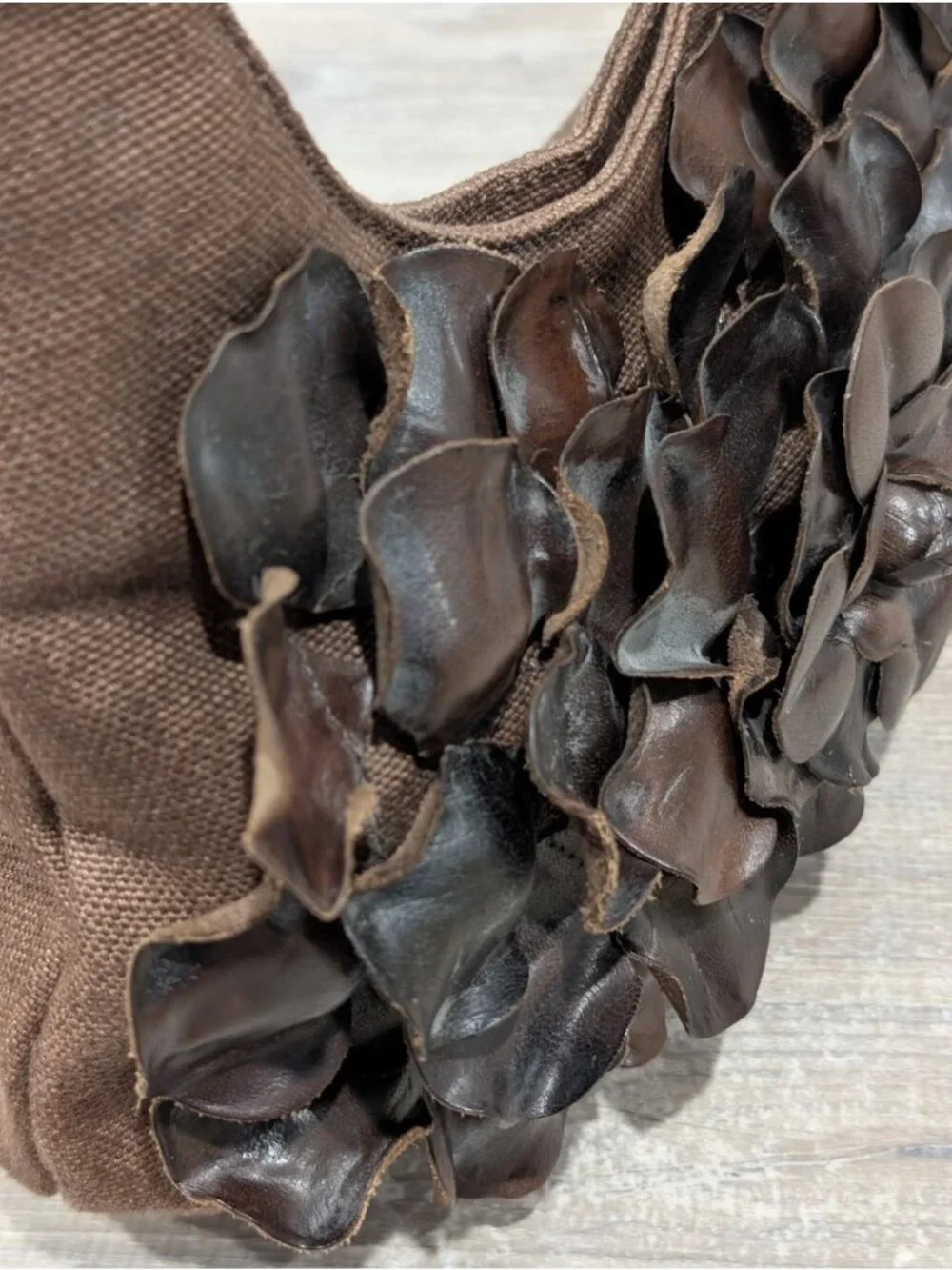 Paolo Masi Italian Leather and Brown Canvas Shoulder Bag Floral Applique Boho